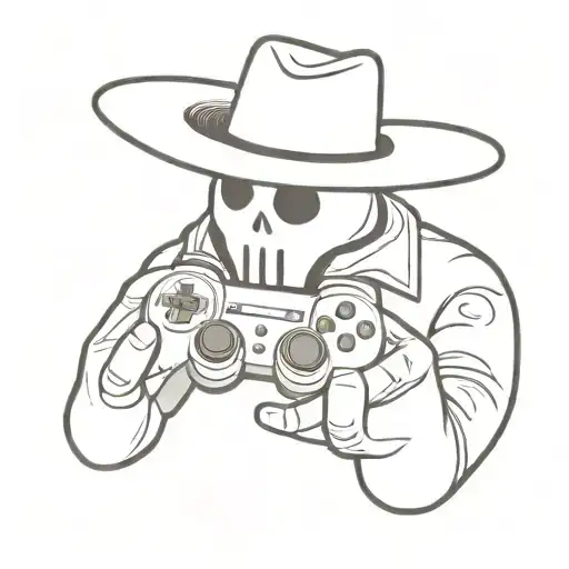 ghost holding a game controller wearing a cowboy hat tattoo design idea
