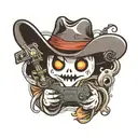 small simple cute ghost holding a game controller wearing a cowboy hat  tattoo design idea