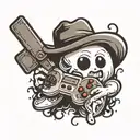 small simple cute ghost holding a game controller wearing a cowboy hat  tattoo design idea
