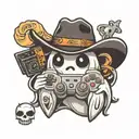small simple cute ghost holding a game controller wearing a cowboy hat  tattoo design idea