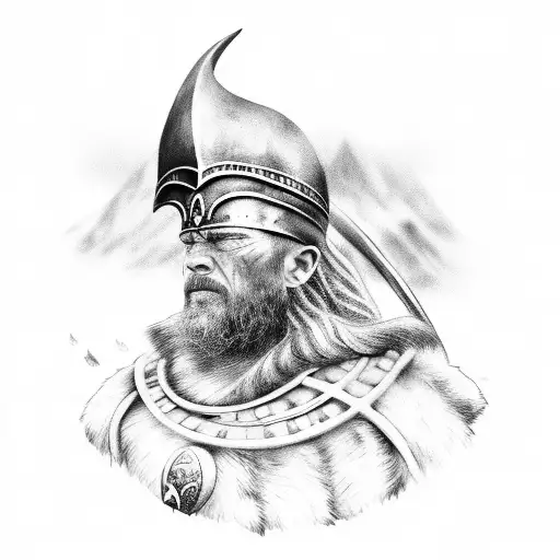 A black and grey portrait of a Viking warrior with a ship in the background tattoo design idea
