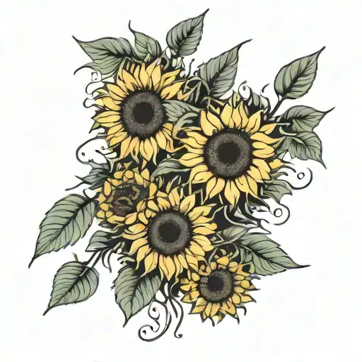 multiple sunflowers blooming, simple line, black and white  tattoo design idea