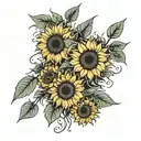 multiple sunflowers blooming, simple line, black and white  tattoo design idea