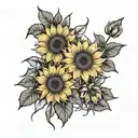 multiple sunflowers blooming, simple line, black and white  tattoo design idea