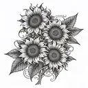 multiple sunflowers blooming, simple line, black and white  tattoo design idea