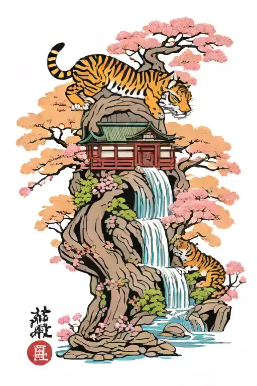 Japanese temple , small water fall, Sakura tree, tiger and dragon  tattoo design idea