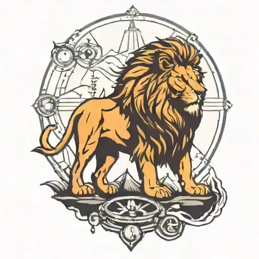 A powerful lion standing on a mountain peak with a compass in its mouth, symbolizing strength and direction tattoo design idea