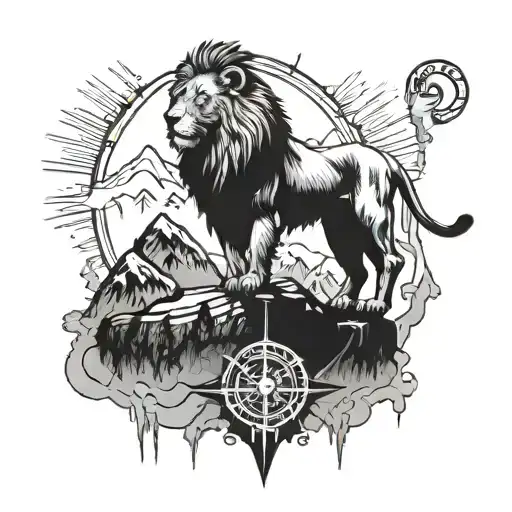 A powerful lion standing on a mountain peak with a compass in its mouth, symbolizing strength and direction tattoo design idea
