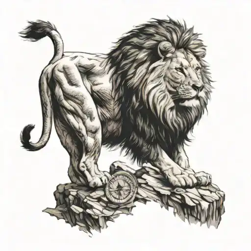A powerful lion standing on a mountain peak with a compass in its mouth, symbolizing strength and direction tattoo design idea