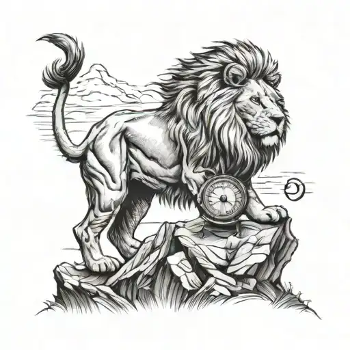 A powerful lion standing on a mountain peak with a compass in its mouth, symbolizing strength and direction tattoo design idea