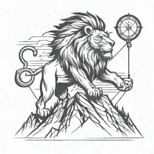 A powerful lion standing on a mountain peak with a compass in its mouth, symbolizing strength and direction tattoo design idea
