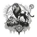 A powerful lion standing on a mountain peak with a compass in its mouth, symbolizing strength and direction tattoo design idea