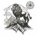 A powerful lion standing on a mountain peak with a compass in its mouth, symbolizing strength and direction tattoo design idea