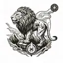 A powerful lion standing on a mountain peak with a compass in its mouth, symbolizing strength and direction tattoo design idea