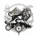 A powerful lion standing on a mountain peak with a compass in its mouth, symbolizing strength and direction tattoo design idea