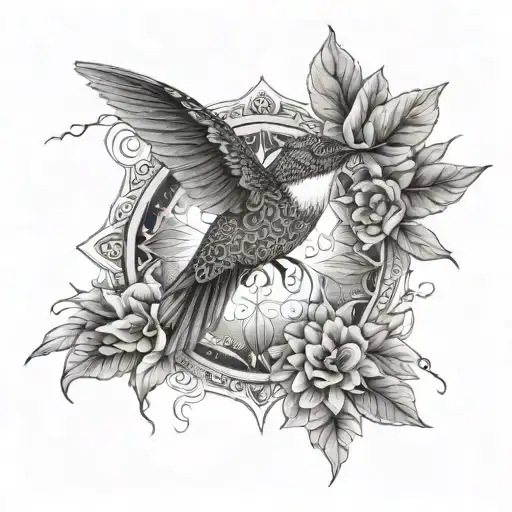 An ornate mandala design incorporating elements of nature and a hummingbird in the center tattoo design idea
