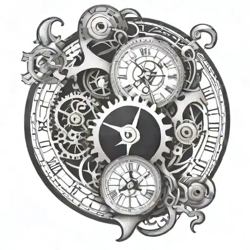 analog clock mechanism intertwined tattoo design idea