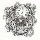 analog clock mechanism intertwined tattoo design idea