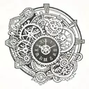analog clock mechanism intertwined tattoo design idea