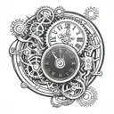 analog clock mechanism intertwined tattoo design idea
