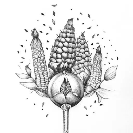 feild with nutmeg flowers with A mature corn stalk in the middl tattoo design idea