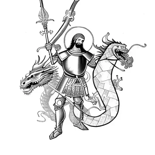 St George from the bible slaying the serpent dragon using a long spear weapon tattoo design idea