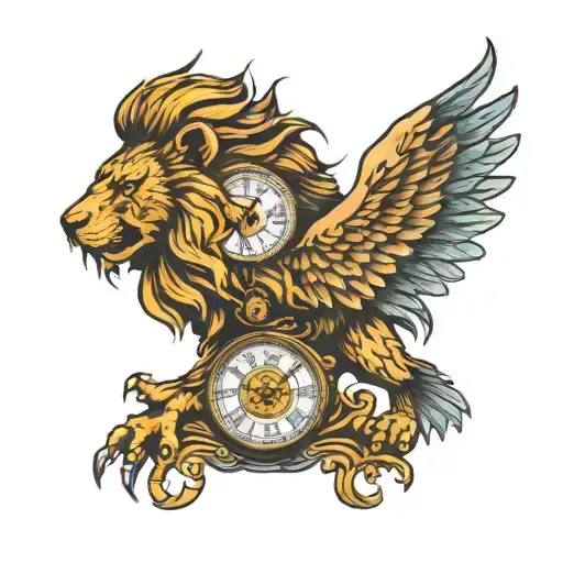 lion, eagle, clock face tattoo design idea