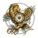 lion, eagle, clock face tattoo design idea