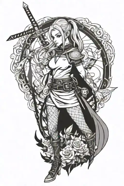 tattooed anime elven girl in a t-shirt fishnet tights with samurai sword and choker necklace tattoo design idea