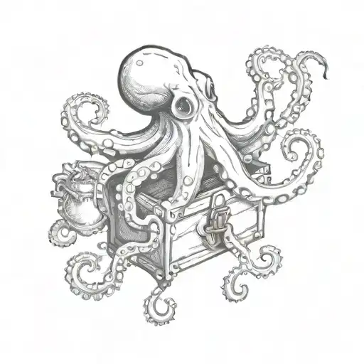 A black and white design of a realistic octopus holding a treasure chest and rolling dice tattoo design idea
