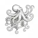 A black and white design of a realistic octopus holding a treasure chest and rolling dice tattoo design idea
