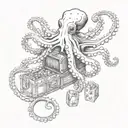 A black and white design of a realistic octopus holding a treasure chest and rolling dice tattoo design idea