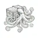 A black and white design of a realistic octopus holding a treasure chest and rolling dice tattoo design idea