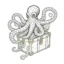 A black and white design of a realistic octopus holding a treasure chest and rolling dice tattoo design idea