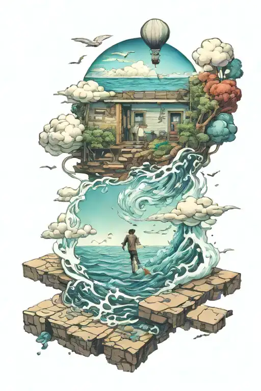 jump off the ledge with both eyes open float away like a whisper in the wind, drowning in the ocean sinking deeper  tattoo design idea