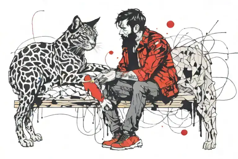 smoking man with black hair and beard hugging a cat tattoo design idea