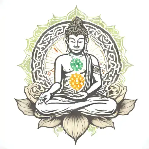 budha shadow sitting on roots with 7 chakras surrounding body and head  tattoo design idea