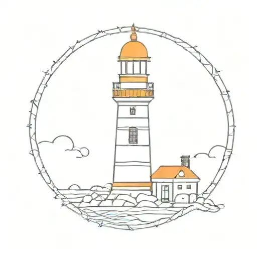 Lighthouse near ocean, in blue and orange, squared around in Porto mosaic style tattoo design idea