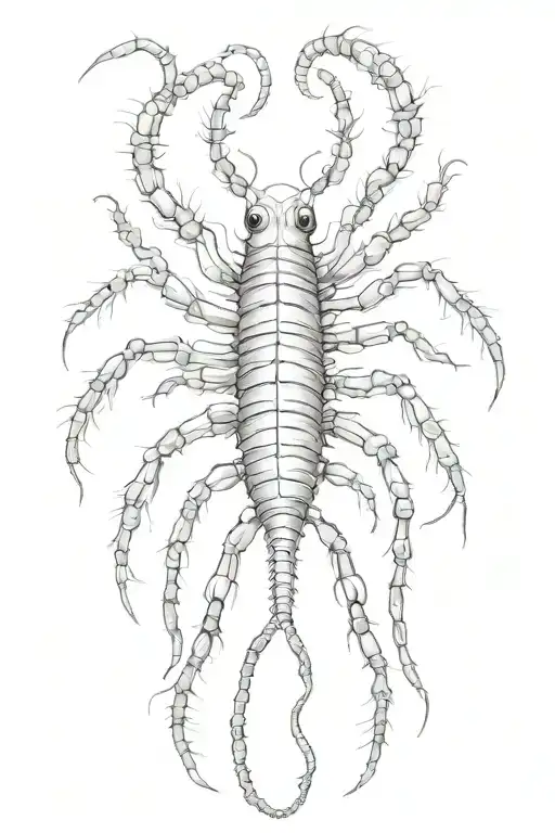 scary centipede with long legs, many eyes on the body, many details long to the shoulder tattoo design idea