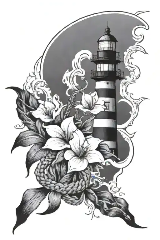 Biloxi lighthouse standing tall amidst beach waves crashing with a compass, large anchor with rope and chain tattoo design idea