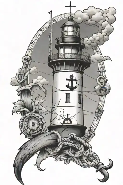 Biloxi lighthouse standing tall with a compass, large anchor with rope and chain tattoo design idea
