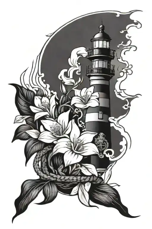 Biloxi lighthouse standing tall amidst beach waves crashing with a compass, large anchor with rope and magnolia flower tattoo design idea