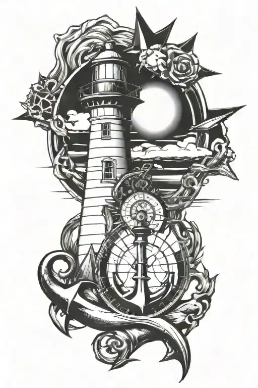 Biloxi lighthouse, compass, anchor tattoo design idea