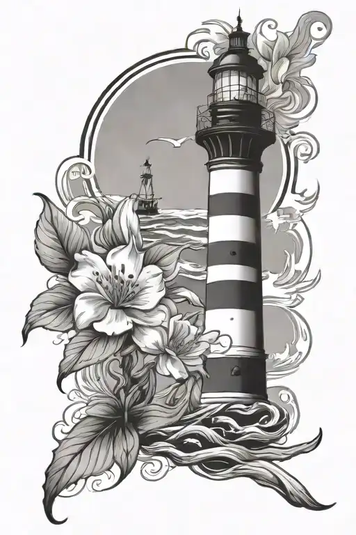 Biloxi lighthouse standing tall amidst beach waves crashing with a compass, large anchor with rope and magnolia flower tattoo design idea