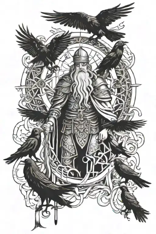 odin with his ravens and runes with drawings of longships  tattoo design idea