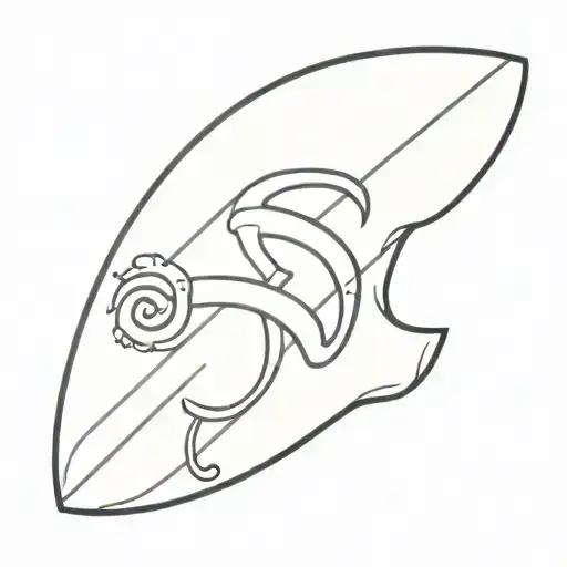 A minimalist design of a surfboard with Indonesian OM symbol incorporated inside tattoo design idea