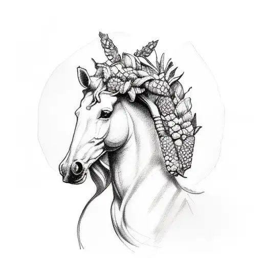 A sketch-style tattoo of a Roman/Greek goddess of agriculture (Agro) with a horse (Cavalo) and a cornucopia filled with corn (milho) tattoo design idea
