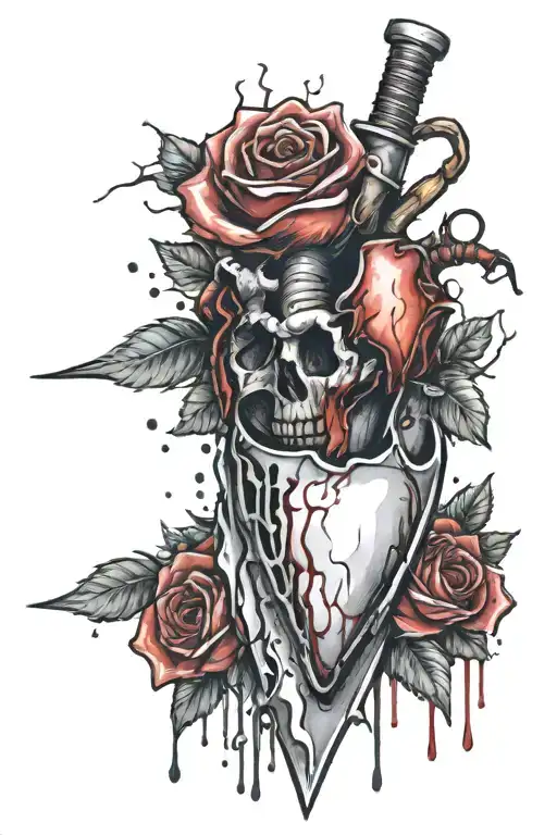 Heart with a knife piercing and bloody roses wrapped tattoo design idea