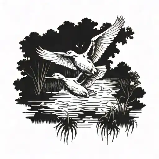 ducks flying in a swamp white oak tattoo design idea