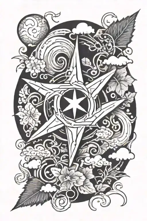 Shuriken Roppo, with dark clouds above, decorated with natural Japanese-style leaves tattoo design idea
